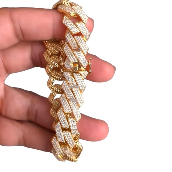 Silver 925 Gold Plated CZ Encrusted Square Miami Cuban Link Bracelet 14.5mm - Picture 1 of 2